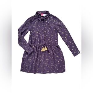 Mini Boden Purple Long-Sleeve Shirt Dress with Gold Star Print